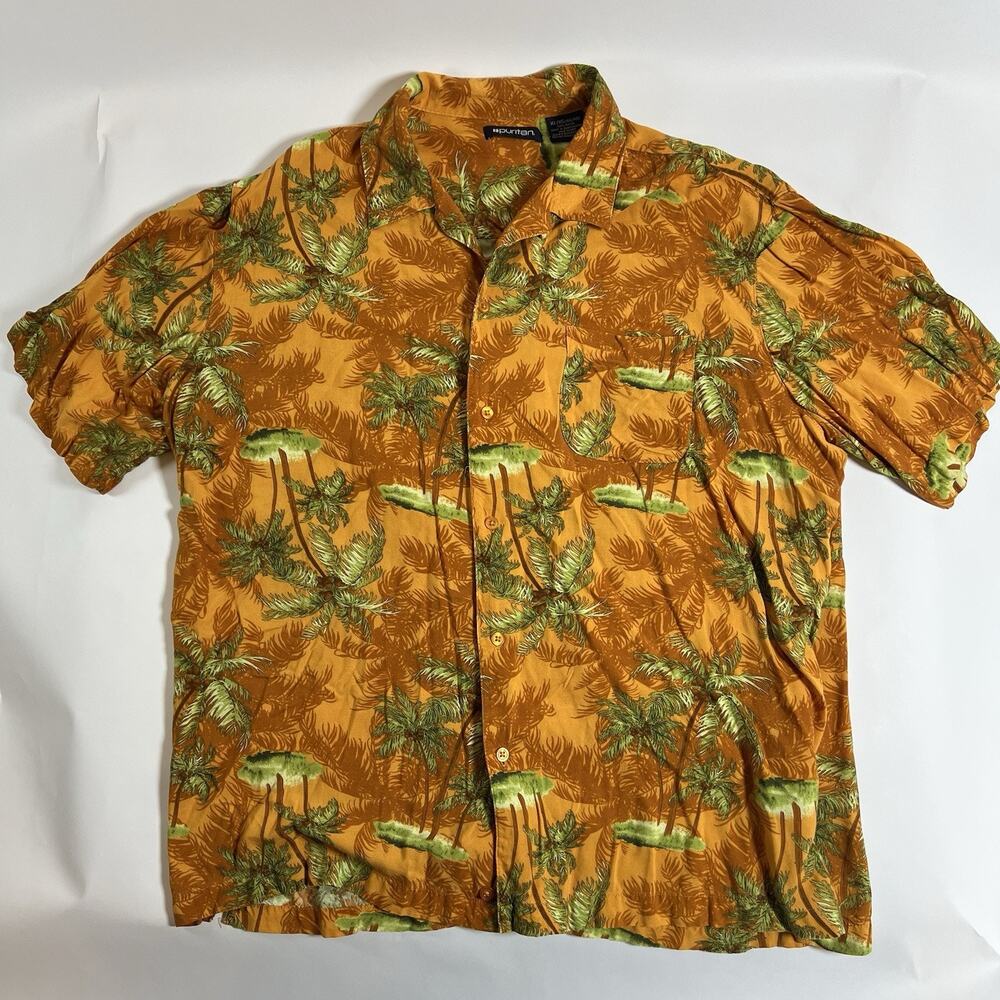 Puritan Men's‎ Brown/Green Tropical Woven Rayon Button-Up SS Shirt Pockets XL